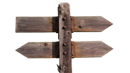 Rustic wooden directional signpost with two arrow planks, isolated on transparent background © Piotr