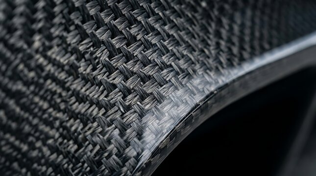 Close-up view of a dark carbon fiber composite material with a distinct woven pattern and curved edge.