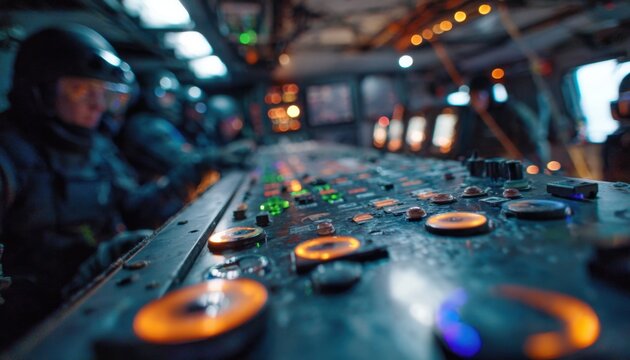 Futuristic control panel with glowing orange dials and green indicators in a dark sci-fi command center