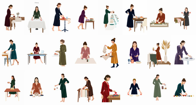 Vector illustrations of elegant women in robes setting tables and preparing for romantic celebrations like Valentine's Day at home.