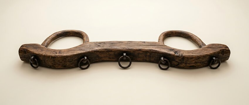 Antique wooden ox yoke with iron rings on a neutral background