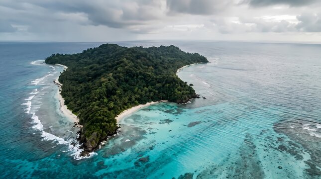 Breathtaking aerial perspective reveals a lush, verdant tropical island fringed by pristine sandy shores and vibrant coral reefs, showcasing the unspoiled beauty of a remote oceanic paradise