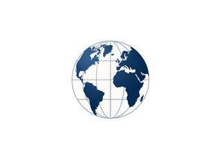 Fototapeta premium Simple flat of a blue globe with white continents and meridians, isolated on a white background, representing global communication, international travel, and geography