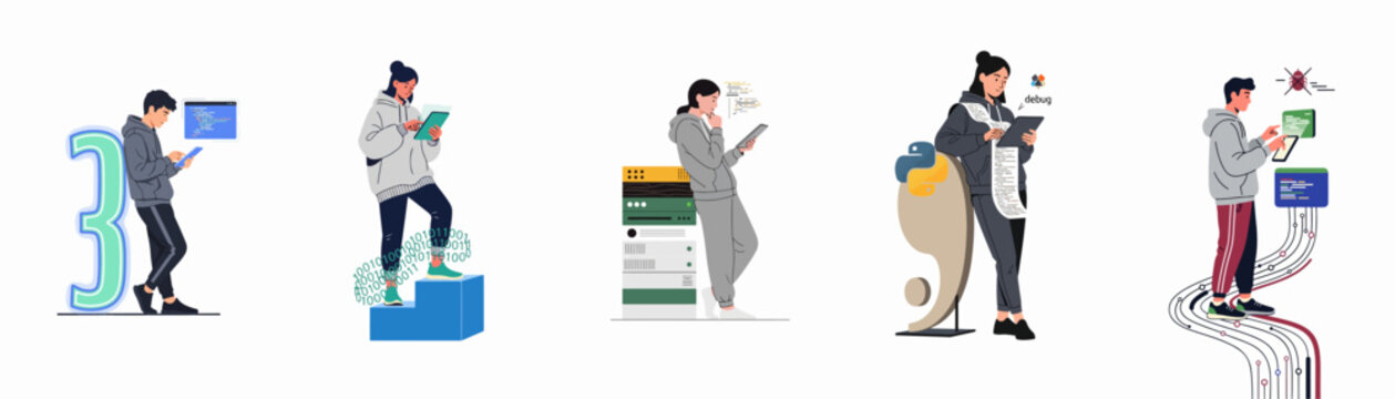 Set of flat vector illustrations depicting young developers coding, debugging, and managing servers in a modern tech environment.