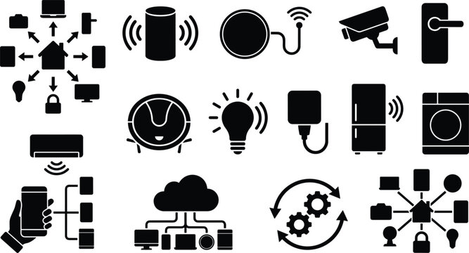 Smart Home Network and Connected Devices Icons Set with Cloud and App illustration
