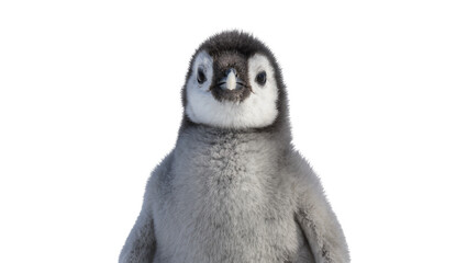Fluffy emperor penguin chick with grey downy feathers, isolated on transparent background © Piotr