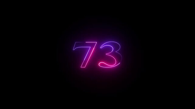 Abstract glowing neon text 73 number countdown icon. Educational mathematics 73 animation on black background.