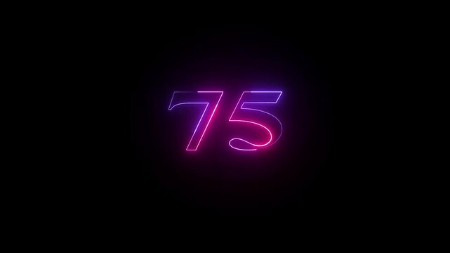 Abstract glowing neon text 75 number countdown icon. Educational mathematics 75 animation on black background.