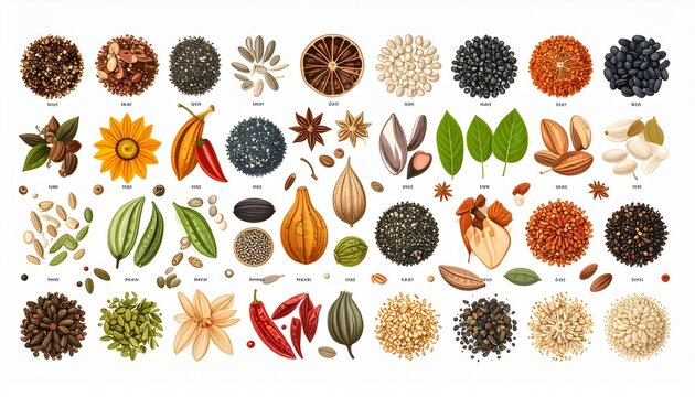 Colorful autumn spice and herb collection flat lay.