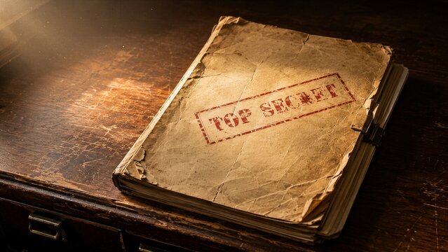 Vintage confidential file folder featuring a red top secret stamp rests on a rustic wooden surface in dim light.