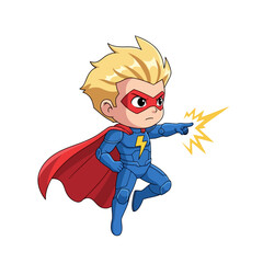 A boy superhero from a dynamic three quarter side profile. Flat vector mascot design © brkh
