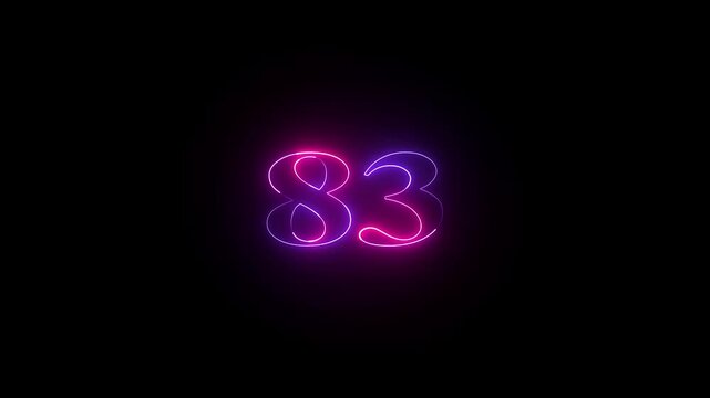 Abstract glowing neon text 83 number countdown icon. Educational mathematics 83 animation on black background.