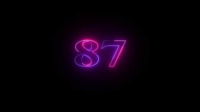 Abstract glowing neon text 87 number countdown icon. Educational mathematics 87 animation on black background.