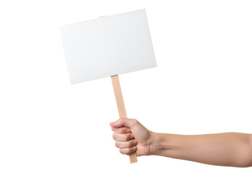Hand holding a blank protest sign against a white background