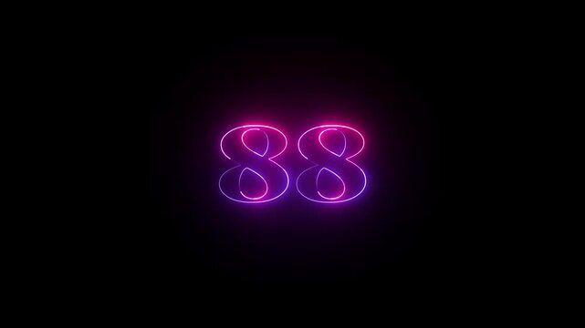 Abstract glowing neon text 88 number countdown icon. Educational mathematics 88 animation on black background.