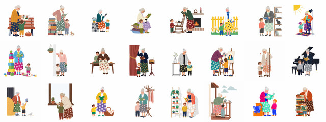 Set of illustrations depicting a grandmother and grandson bonding through various activities like reading, playing, and learning in different settings. © ValentinaRestrepo