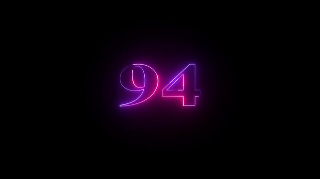 Abstract glowing neon text 94 number countdown icon. Educational mathematics 94 animation on black background.