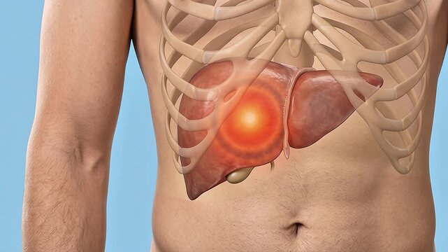 Realistic Male Torso with Liver and Gallbladder Anatomy Overlay Showing Liver Pain