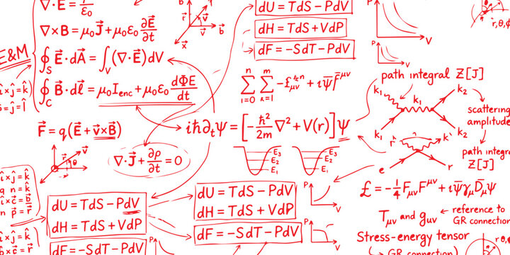 Complex physics and mathematics formulas handwritten on a whiteboard for education