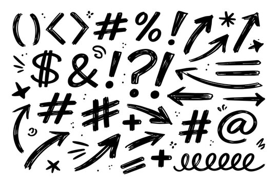 Hand drawn doodle symbols set, arrows, punctuation marks and math signs