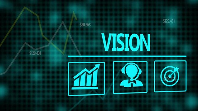 Vision business concept on a flashing computer monitor with moving graphs and data.