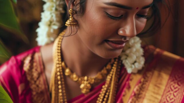 Traditional South Indian woman performing prayer with gold jewelry