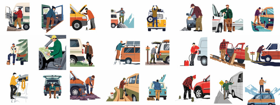 A comprehensive set of illustrations depicting diverse outdoor adventures, van life activities, and road trip experiences with various vehicles and travelers.