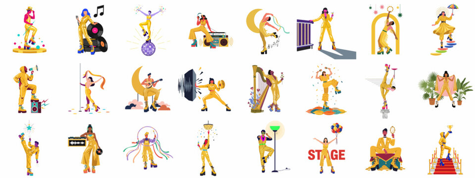 A diverse collection of vibrant characters in yellow jumpsuits performing music, dance, and art in a modern flat illustration style.