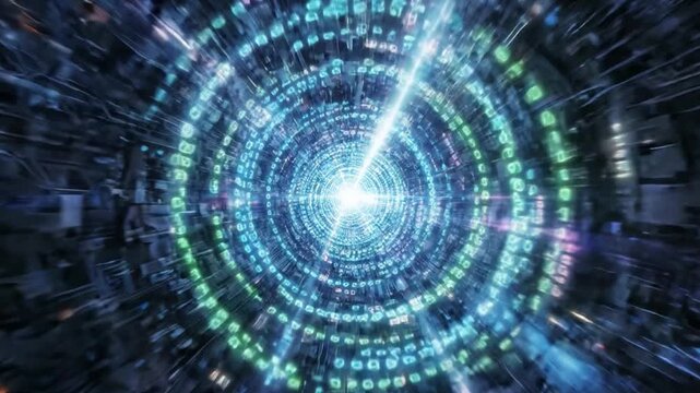 A Dynamic Journey Through an Infinite Space of Light and Digital Code Representing Data Transfer and Tech Innovations