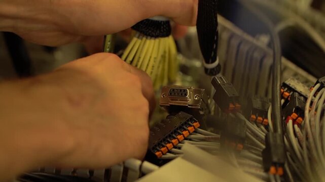 Hands of man technician works repairs electric switchboard distribution panel.