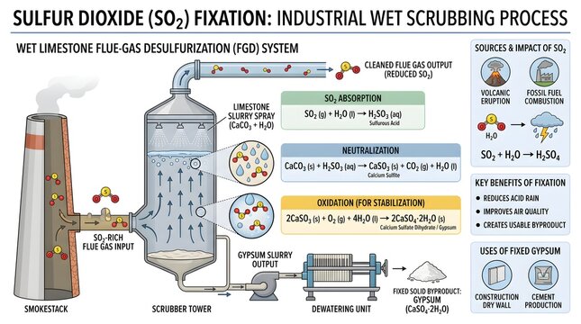 Sulfur dioxide (SO₂) fixation in an industrial wet scrubbing process showing limestone slurry flue‑gas desulfurization tower, gas&ndash;liquid contact, formation of calcium sulfite and gypsum, system compon