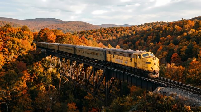 A scenic passenger train travels across a dramatic railway trestle bridge, beautifully framed by the vibrant, fiery foliage of an autumnal forest landscape under a soft, golden sunlit sky
