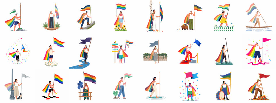 Diverse collection of characters celebrating LGBTQ+ pride with rainbow capes and flags in various lifestyle and nature settings.
