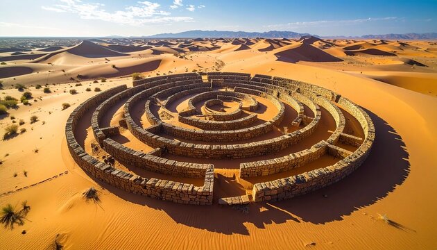 Aerial view of a large desert amusement park with spiral tracks.