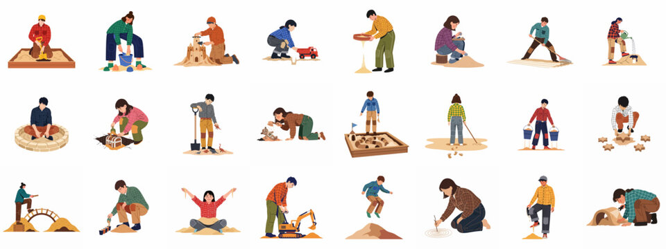 A diverse collection of illustrations showing people and children engaged in various sand play activities, from building sandcastles to archeological digging.