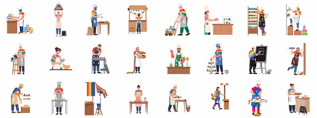 Fototapeta premium Diverse chefs and bakers celebrating pride month by preparing rainbow-themed desserts and setting up bakery stalls in a flat vector illustration collection.