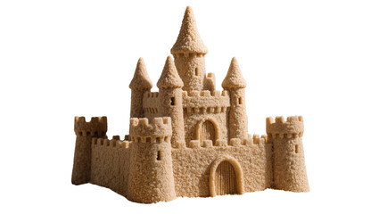 Intricate sandcastle with multiple towers and crenellations, isolated on transparent background © Piotr