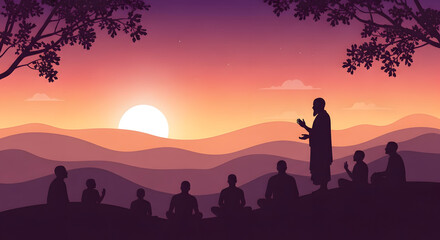 Fototapeta premium Guru purnima spiritual teacher sharing wisdom with students at sunset