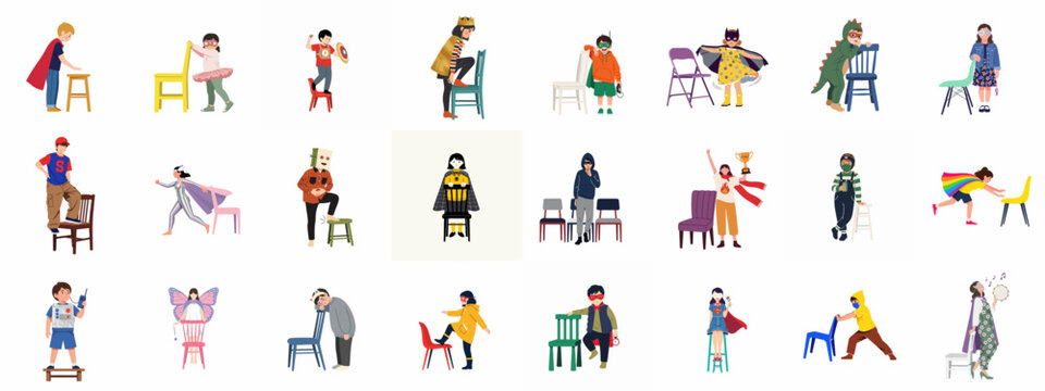 Diverse children in various costumes playing and posing with different types of chairs, fostering imagination and creative roleplay in a flat vector style.
