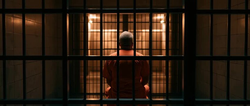 A solitary inmate in an orange prison uniform sits behind metal bars inside a correctional facility. symbolizes incarceration, criminal justice, punishment, confinement