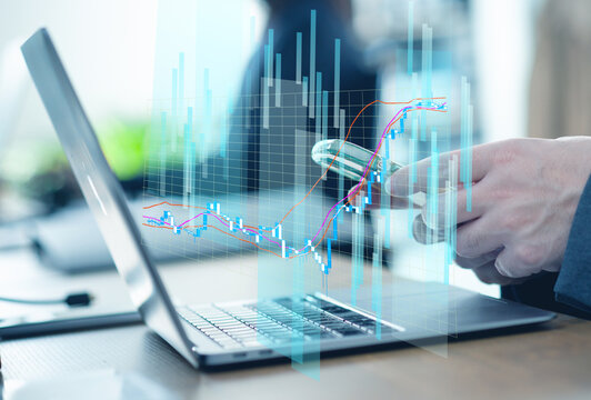 株価チャートと投資のイメージ、ビジネスと金融テクノロジーのイメージ