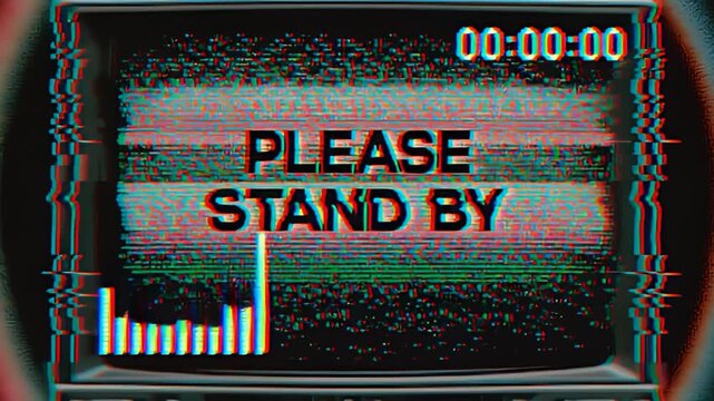 Retro television display with please stand by message and vhs glitch