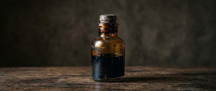 vintage amber glass bottle with dark liquid on a rustic wooden surface