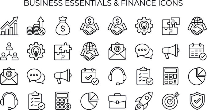 Business finance icons illustrate essential concepts and symbols.