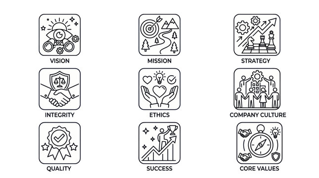 Business icons illustrate core company values and mission strategy