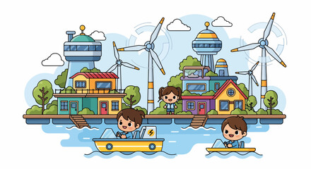 Naklejka premium Cartoon illustration of a sustainable eco-friendly city with renewable energy sources.