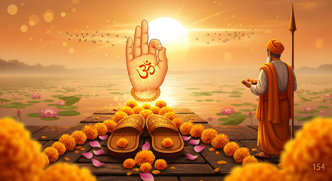 Guru purnima spiritual scene with paduka and divine blessing hand