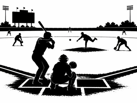 Black and white silhouette illustration of a baseball game on the field