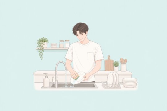 Cute pastel illustration of a young person's healthy morning self-care routine.