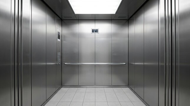 Clean metal interior of modern empty elevator.